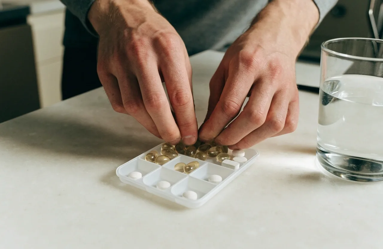 A man reviewing a folded note at a kitchen table with a compartmented daily supplement tray beside him