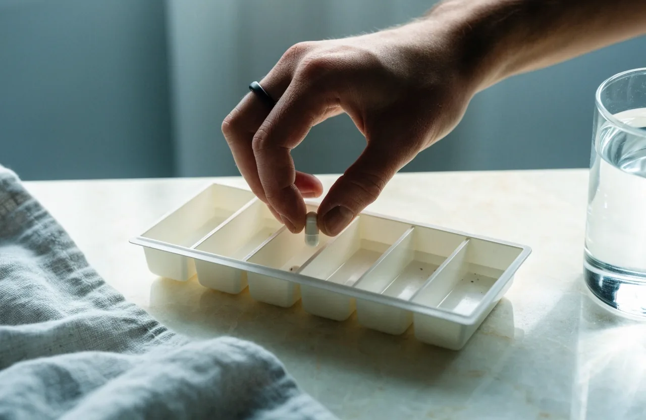 A hand lowering a single capsule into an open compartment of a daily supplement tray