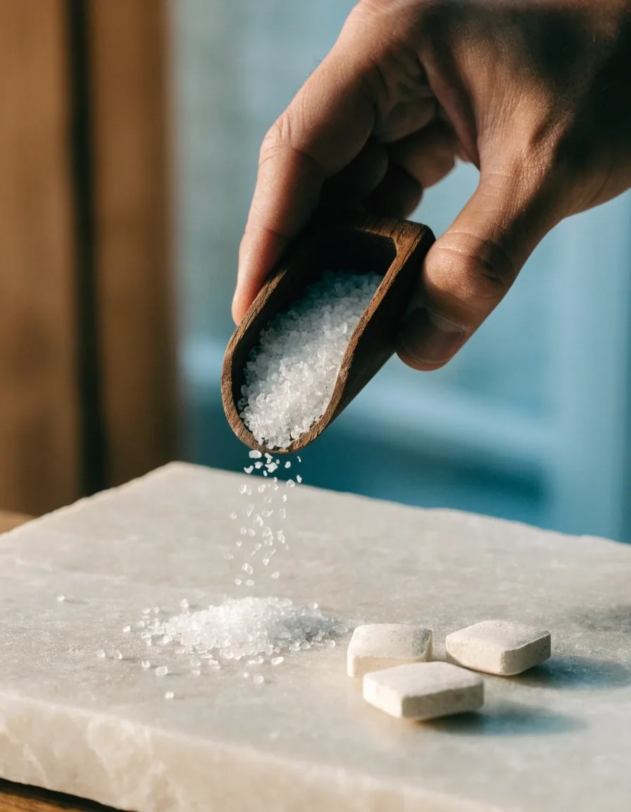 Close view of magnesium flakes and mineral granules beside several matte tablets on a cool stone surface