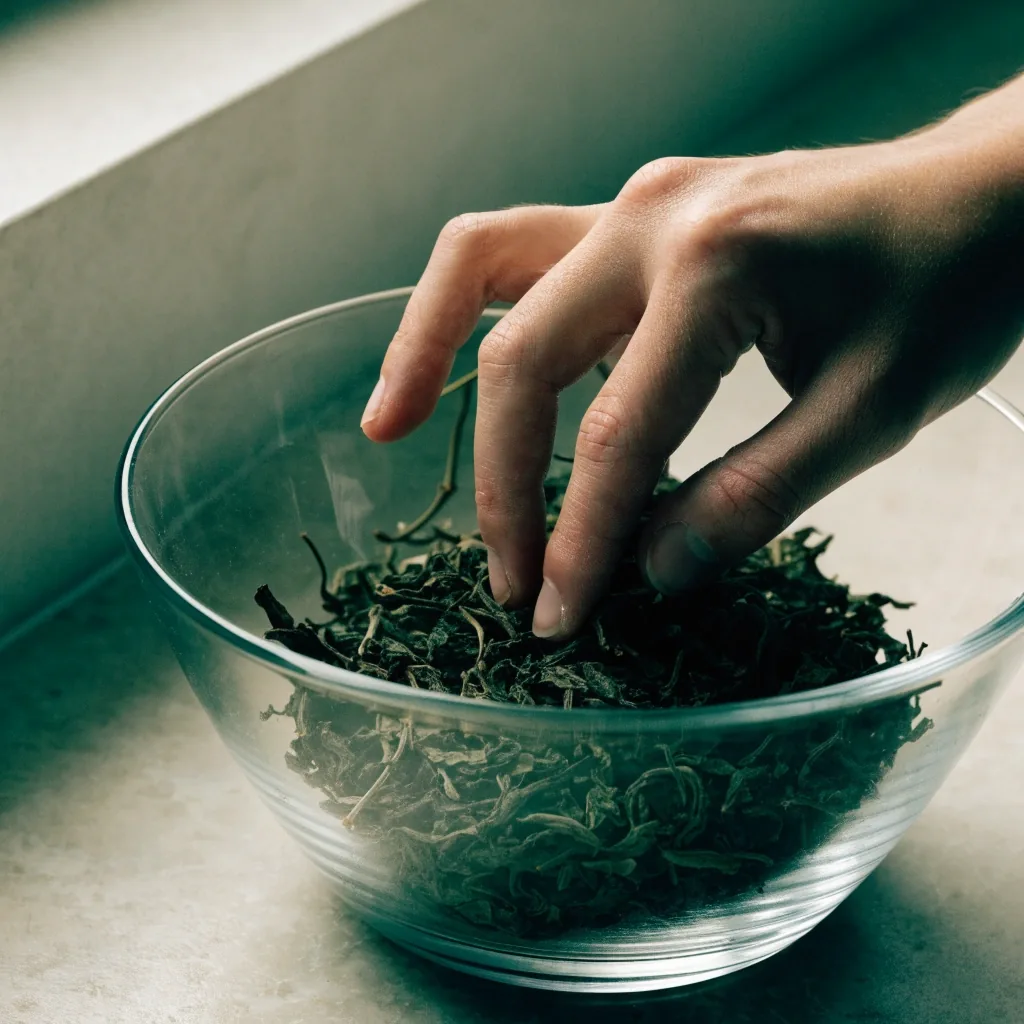 Dried green tea leaves and thin stems resting in a shallow dish on a pale counter