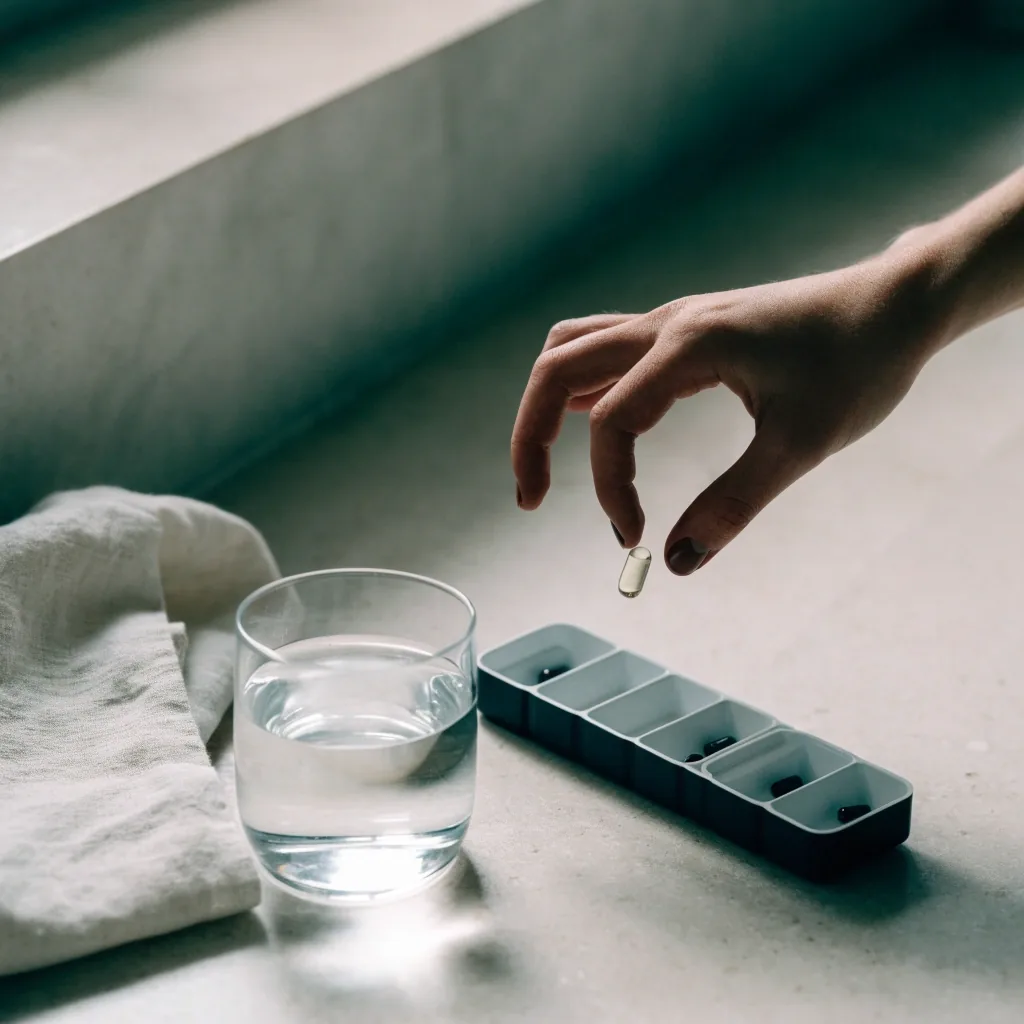 Seven-compartment daily supplement tray on a pale stone counter with a glass of water and a folded linen cloth