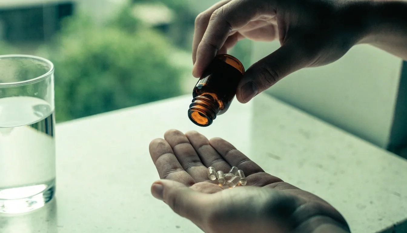 A hand holding a single clear capsule above a matte counter
