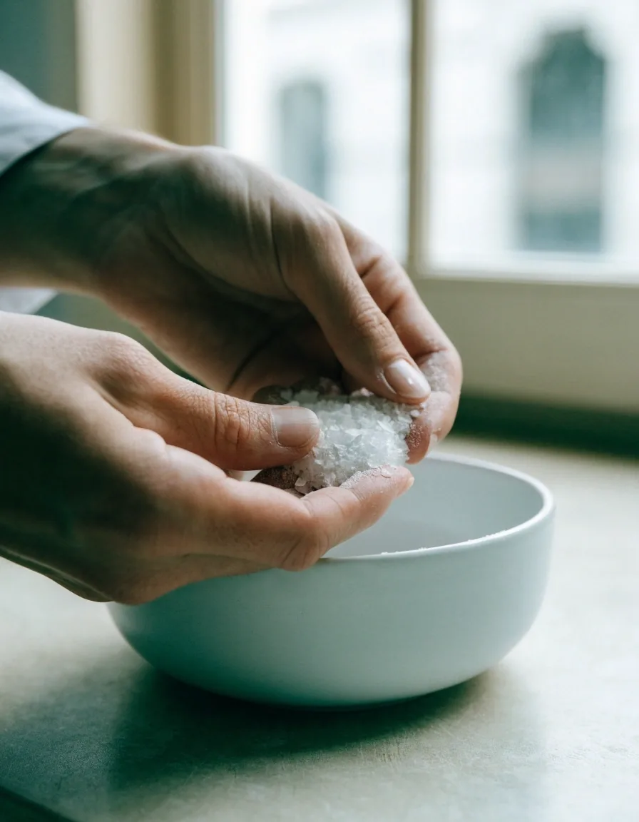 Magnesium flakes catching light in a shallow grey dish on a pale counter