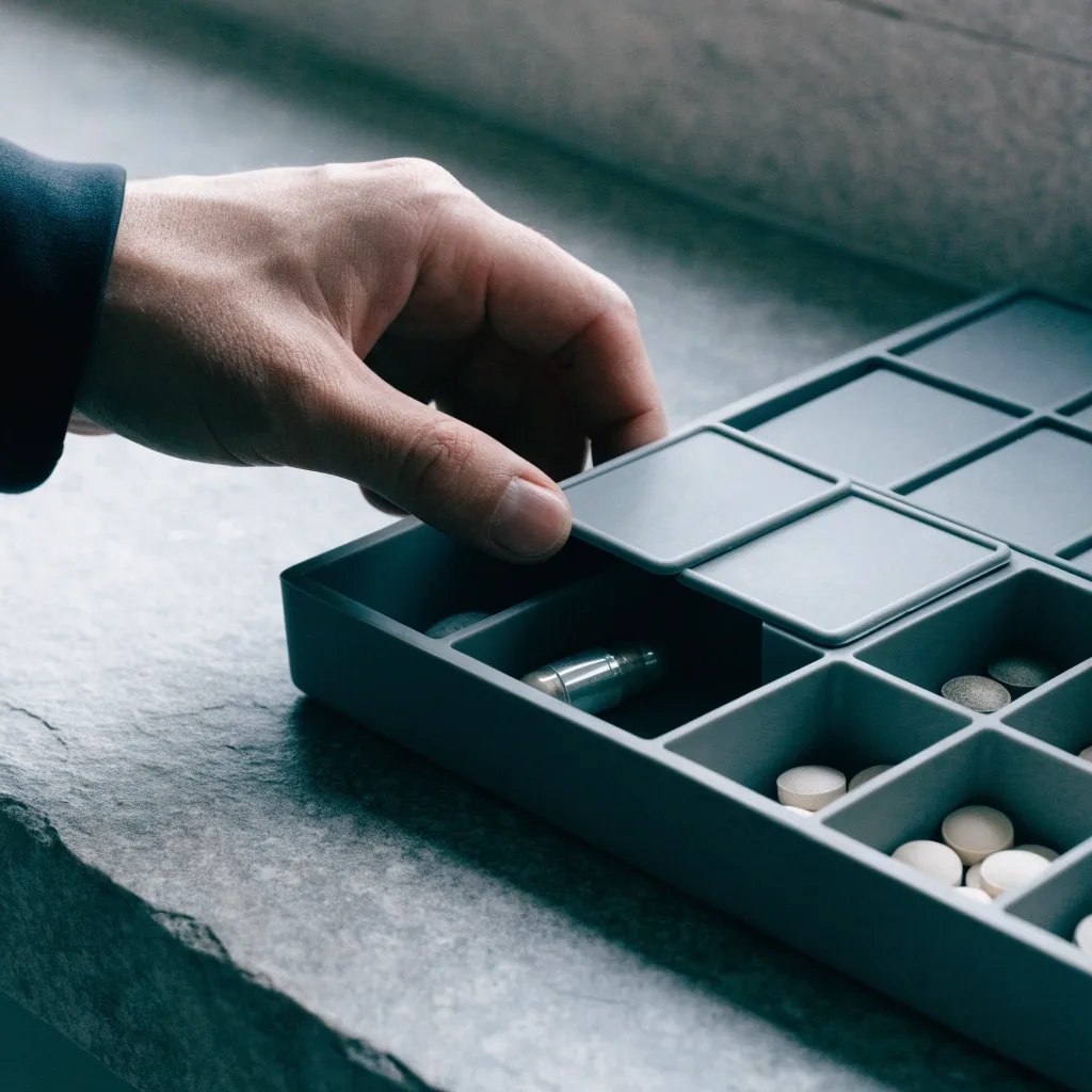 A hand closing the lid on one compartment of a supplement tray on a stone counter