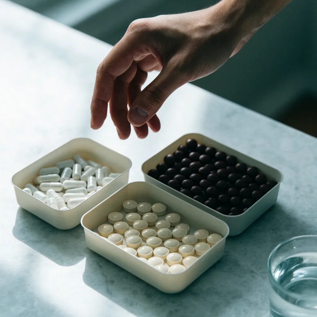 Three supplement trays side by side from overhead, each holding a different number of capsules in its compartments