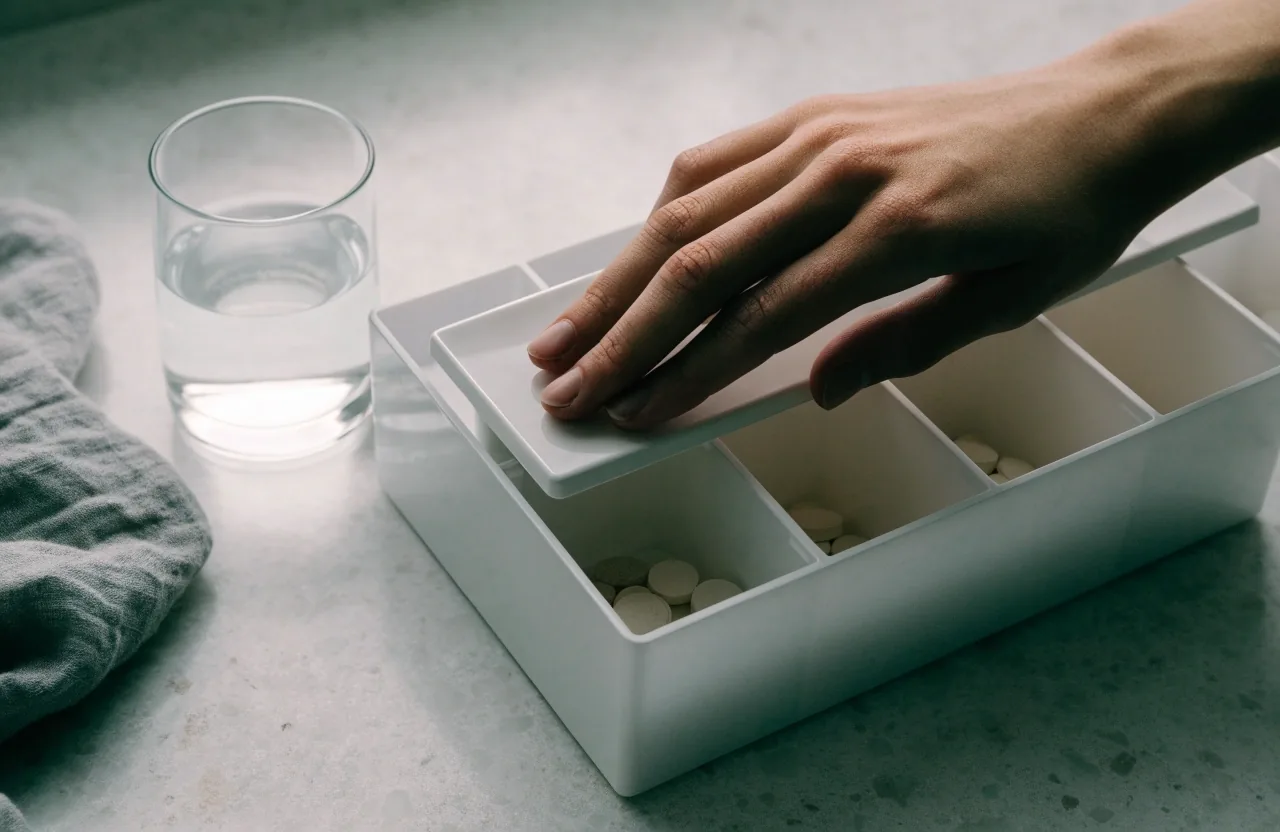 A hand resting on a compartment lid of a matte white supplement tray on a pale stone counter