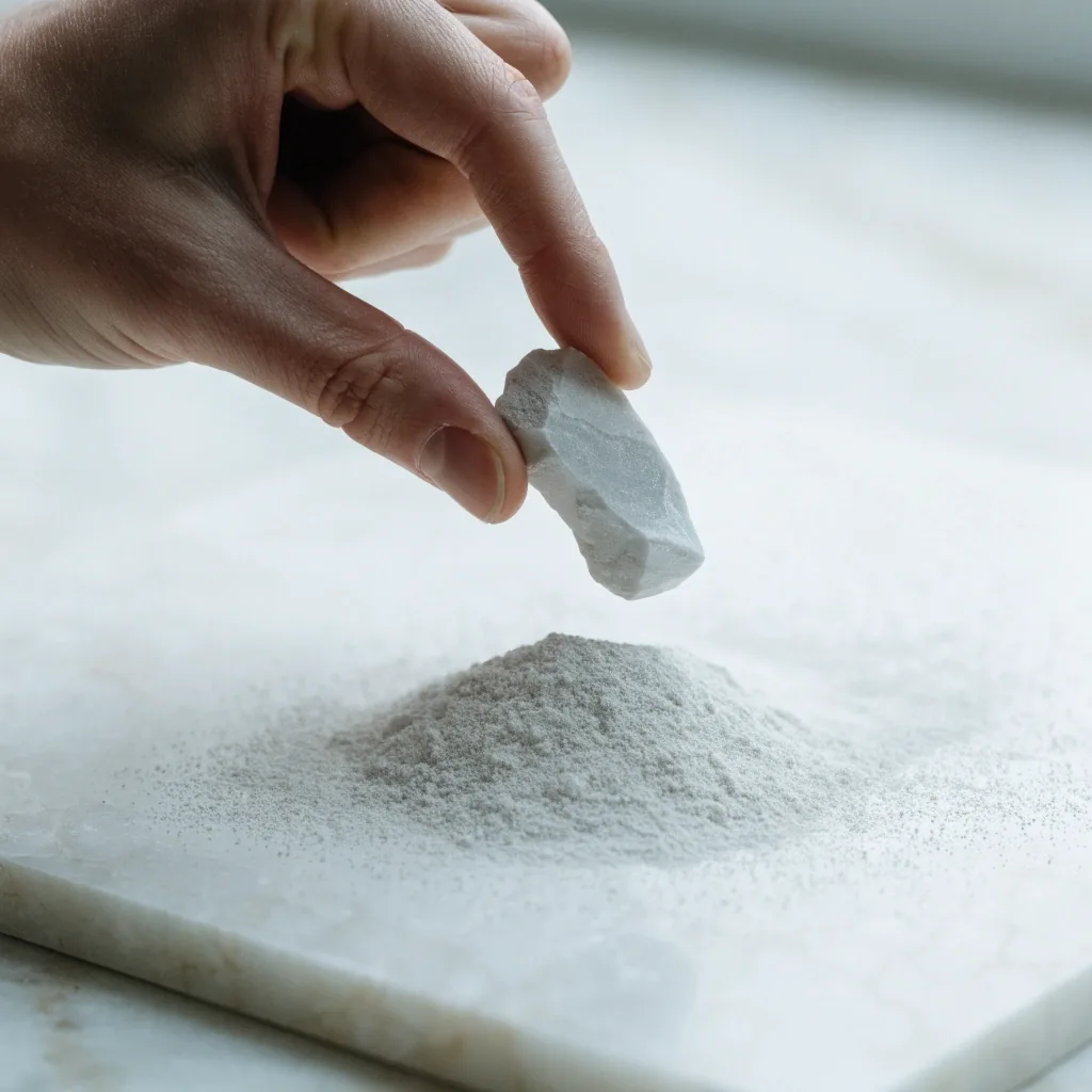 Matte grey-white mineral chips and a pile of fine mineral powder on a pale stone slab