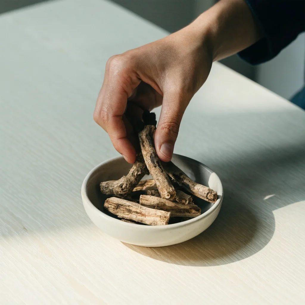 Dried maca root pieces on a matte ceramic plate under soft daylight