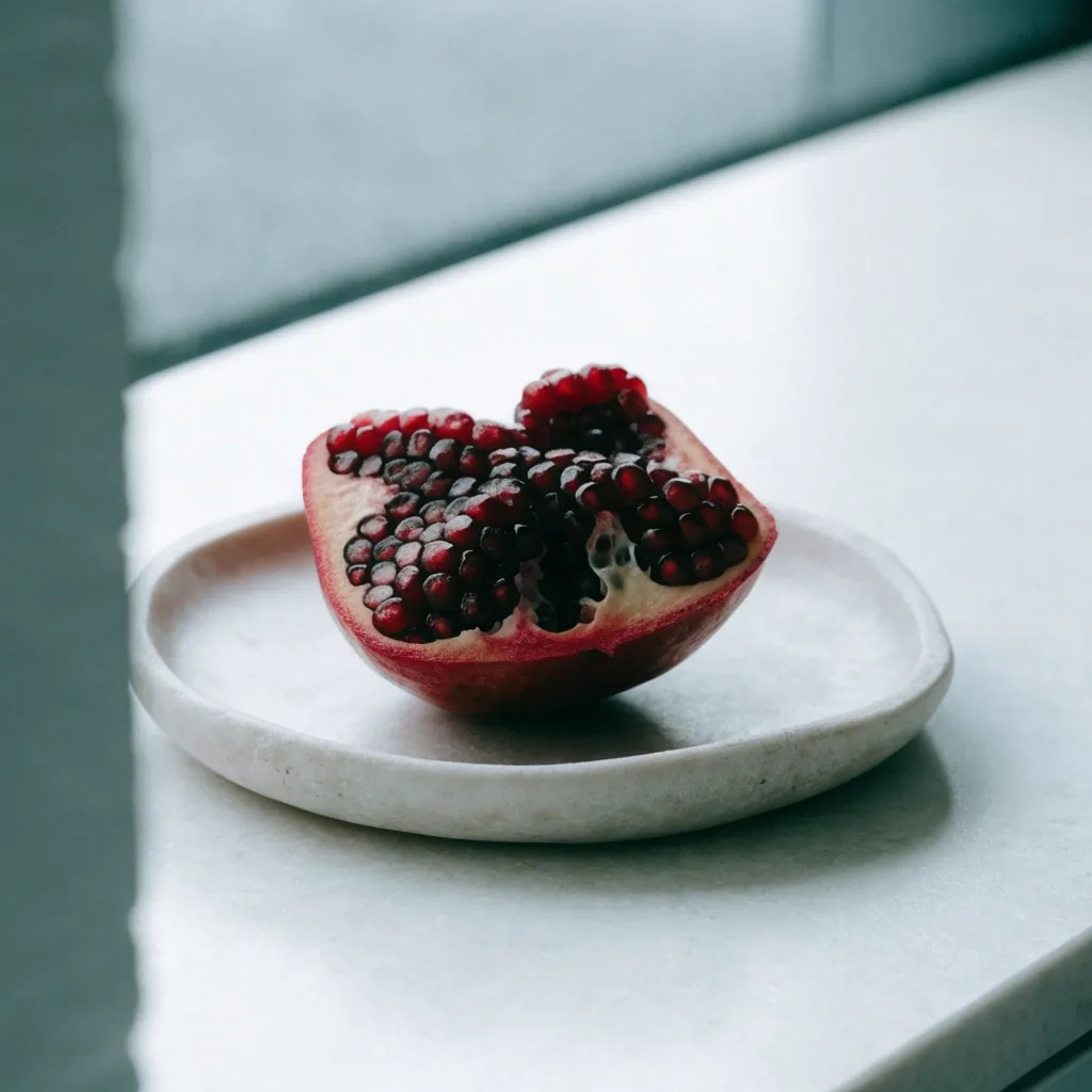 Halved pomegranate with seeds on a matte stone plate under soft daylight