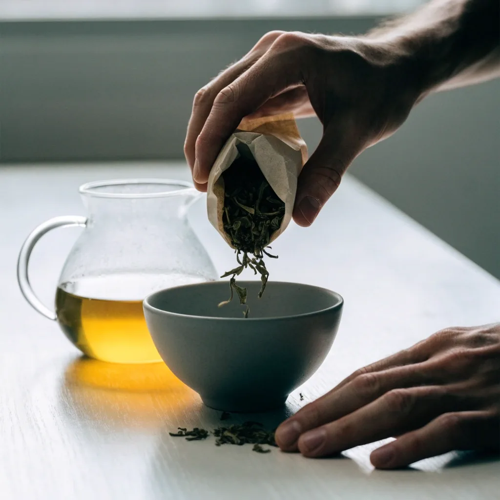 Loose green tea leaves in a matte stoneware bowl on a pale counter