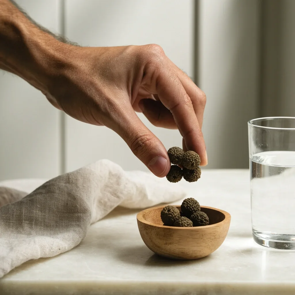 Saw palmetto berries in a shallow matte stone dish under soft light