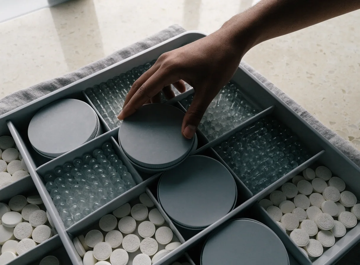 A hand lifting one compartment lid of a matte tray at a pale stone counter, capsules and tablets in the other compartments