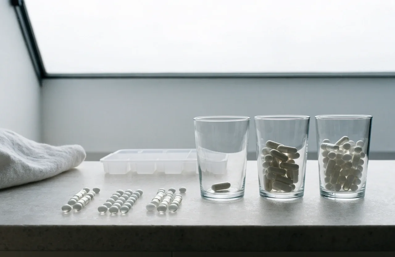 Three glass cups in a row on a pale stone counter with increasing numbers of capsule and tablet forms beside them, an emptied compartment tray behind