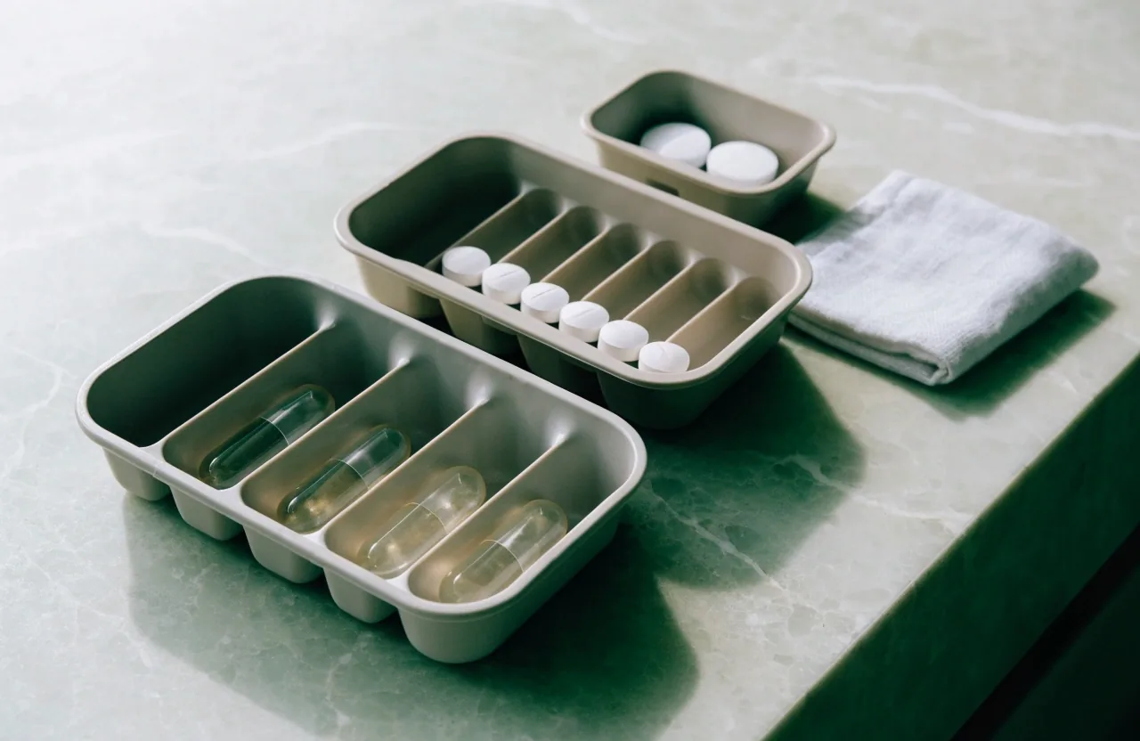 Three matte compartment trays at staggered depths on a pale stone counter, each holding a different number of capsule and tablet forms