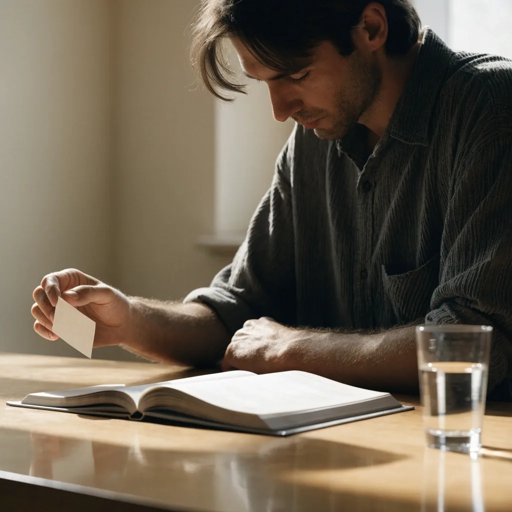 Hands resting on an open grey notebook beside a folded linen cloth and a glass of water on a pale stone desk