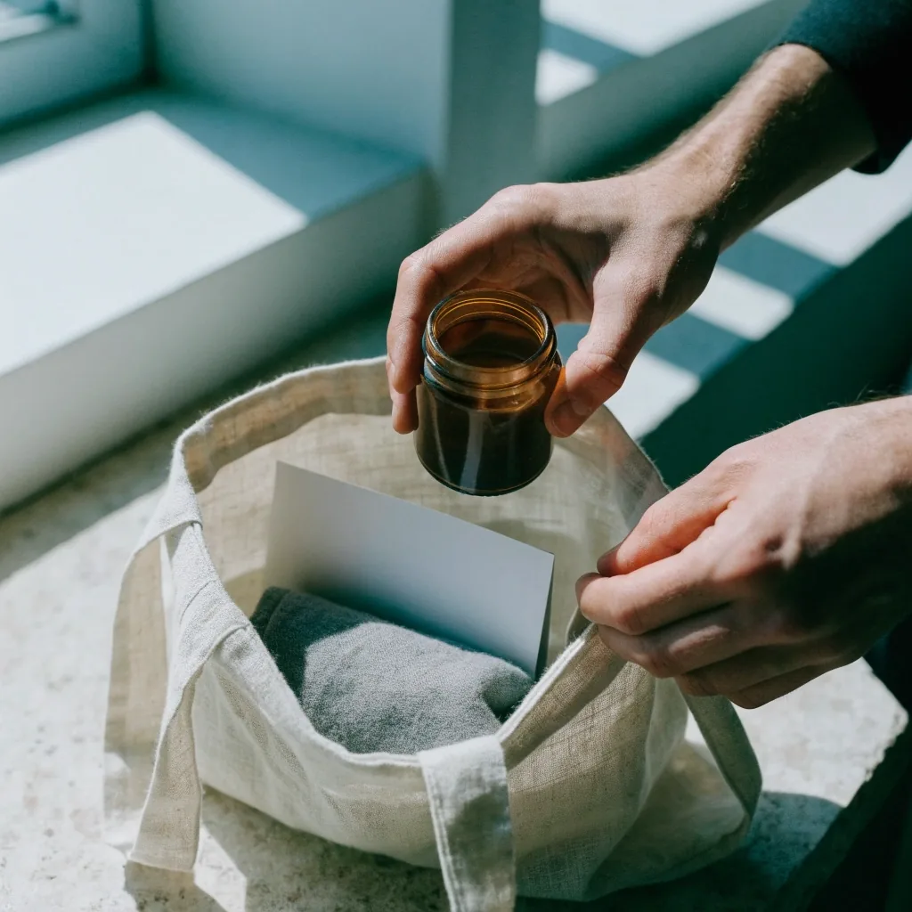 Pale linen tote half-open on a stone table with unlabeled amber jars and a folded cloth inside